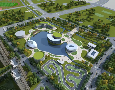 Aerial Planning of Urban Green Space with Circular Buildings Water Body and Tree Areas 3d model