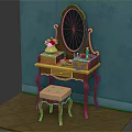 Elegant Vintage Dressing Table With Oval Mirror Drawers Stool And Cosmetics On Turquoise Wall