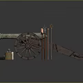 Antique Historical Cannon with Stacked Cannonballs Wooden Barrel Candle and Spear