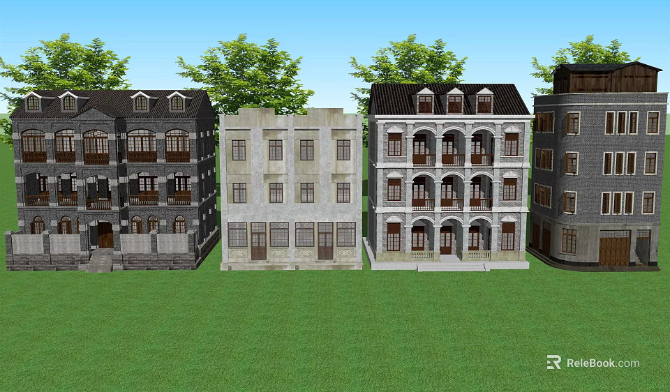 Various Architectural Style Commercial Street Buildings with Green Lawn and Trees 3d model 