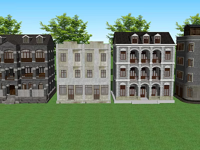 Various Architectural Style Commercial Street Buildings with Green Lawn and Trees 3d model