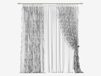 Gray Sheer Curtains With Ruffled Design And Decorative Tieback For Window Decoration 3d model