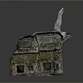 Cartoon Scene of Giant Tree Roots Wrapping Ancient Stone Buildings Tile Roofs And Square Windows