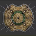 Ornate Golden Shield With Green Accents Spikes And Leather Straps Medieval Fantasy Weapon Design