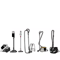 Various Vacuum Cleaners with Different Designs Displayed in a Row on Wooden Floor