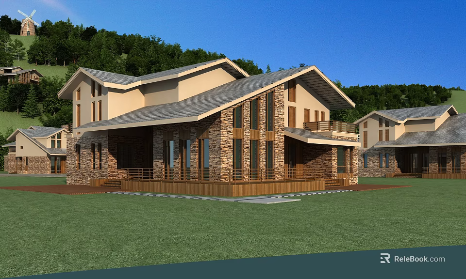 Modern Detached Villa Exterior With Stone Walls Large Windows Wooden Deck And Green Lawn 3d model 