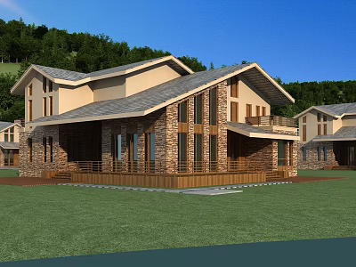 Modern Detached Villa Exterior With Stone Walls Large Windows Wooden Deck And Green Lawn 3d model