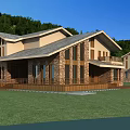 Modern Detached Villa Exterior With Stone Walls Large Windows Wooden Deck And Green Lawn