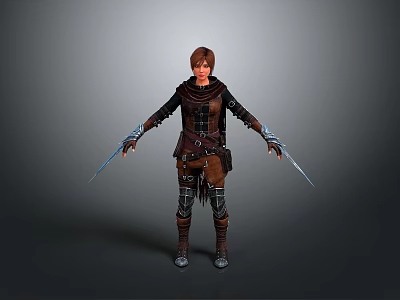 3D Fantasy Warrior Character With Wolf Companion Wearing Brown Black Armor Holding Dual Swords 3d model
