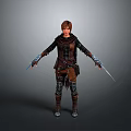3D Fantasy Warrior Character With Wolf Companion Wearing Brown Black Armor Holding Dual Swords