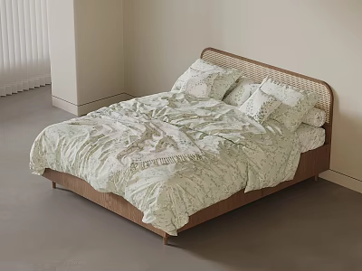 Comfortable Double Bed With Wooden Headboard And Light Green Floral Bedding In Bright Room 3d model
