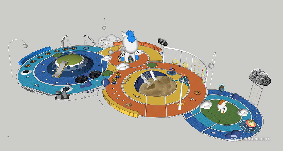 Colorful Playground Equipment With Circular Layout Slides Sandpit And Cartoon Figures 3d model 