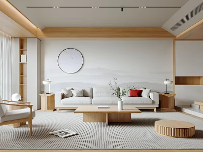 Modern Living Room Interior With Wooden Elements Circular Wall Art Landscape Backdrop And Sofa 3d model