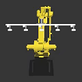 Yellow Robotic Arm Lifting Wooden Grid Pallet With Furniture Manufacturing Components