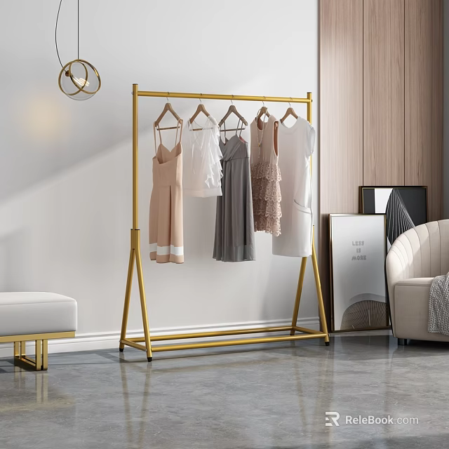 Gold Floor Standing Clothes Rack With Hanging Dresses And Modern Interior Decor 3d model 