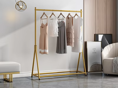 Gold Floor Standing Clothes Rack With Hanging Dresses And Modern Interior Decor 3d model