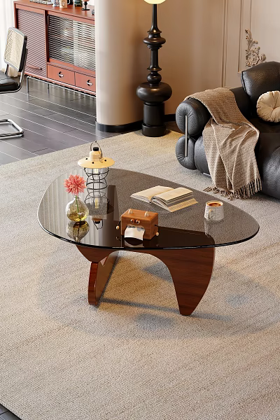 Glass Top Coffee Table with Wooden Legs Flower Vase Books Lantern in Cozy Living Room 3d model