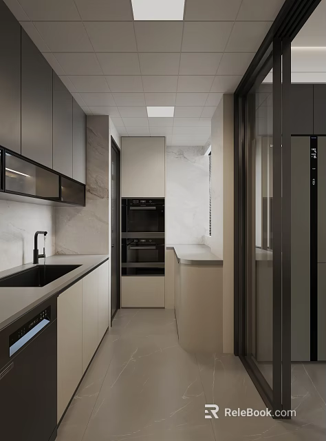 Modern Kitchen Interior Design With Gray White Cabinets Marble Wall And Double Ovens 3d model 