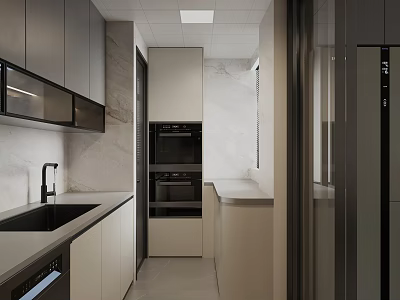 Modern Kitchen Interior Design With Gray White Cabinets Marble Wall And Double Ovens 3d model