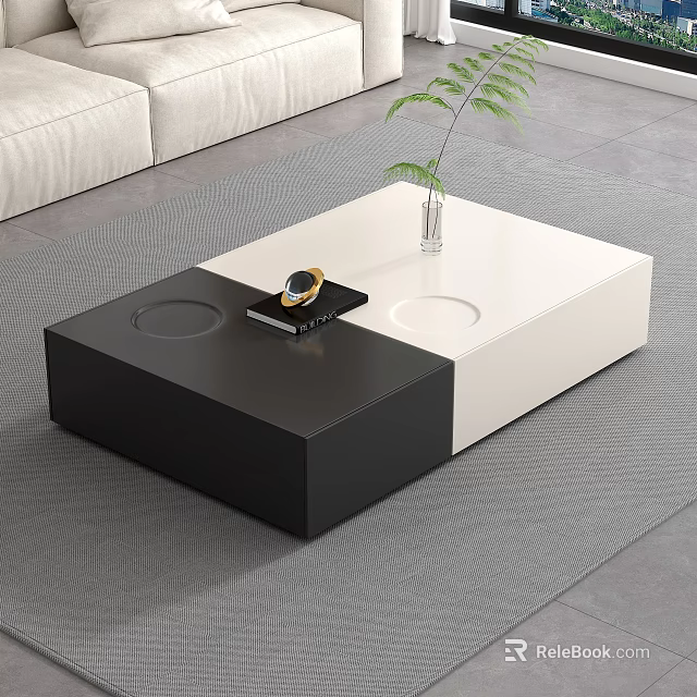 Modern Black White Coffee Table With Green Plant Book And Gold Decor 3d model