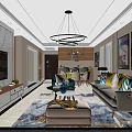 Modern Living Dining Room Interior Design With Chandelier Sofa Coffee Table Dining Set Decorative Paintings