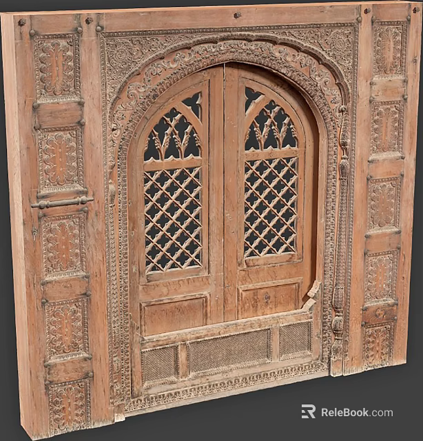 Traditional Wooden Double Doors With Intricately Carved Lattice Patterns And Decorative Details 3d model 
