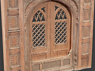 Traditional Wooden Double Doors With Intricately Carved Lattice Patterns And Decorative Details 3d model
