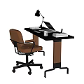 Modern Desk With Laptop Desk Lamp Mug And Books Alongside Brown Office Chair