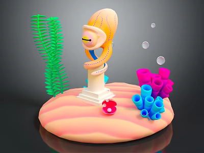 Cartoon Underwater Scene With Orange Haired Character White Pedestal Green Seaweed Colorful Coral And Bubbles 3d model