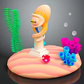 Cartoon Underwater Scene With Orange Haired Character White Pedestal Green Seaweed Colorful Coral And Bubbles