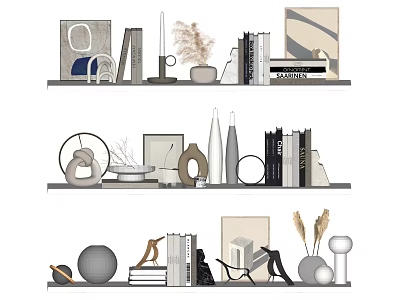 Decorative Ornament and Decor Set with Books Vases Geometric Art and Dried Grasses on Shelves 3d model