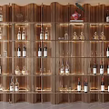 Modern Wooden Wine Cabinet With Layered Shelves And Lighted Display For Wine Bottles And Glassware