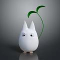 Cute White Game Movie Character With Pointed Ears Big Eyes And Green Leaf Plant
