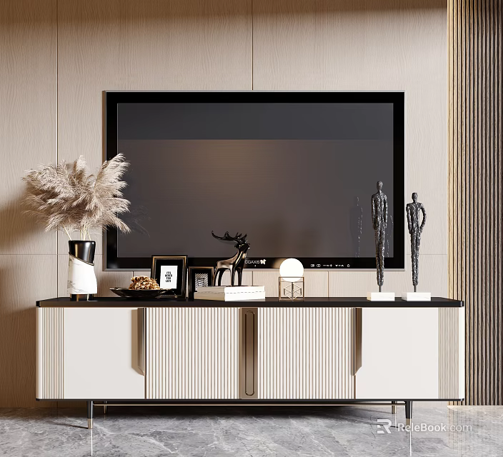 Modern TV Stand with Storage Cabinets Pampas Grass Vase Photo Frames and Sculptures 3d model 