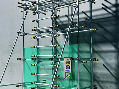 Construction Scaffolding Structure With Metal Support Frames Green Glass Panel And Safety Sign 3d model