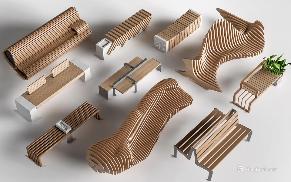 Artistic Wooden Benches With Modern Design And Various Unique Curved Shapes 3d model 