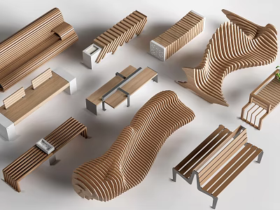 Artistic Wooden Benches With Modern Design And Various Unique Curved Shapes 3d model