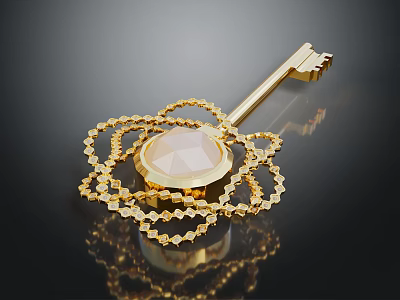 Elegant Golden Key Jewelry With Round Gemstone And Decorative Chain 3d model