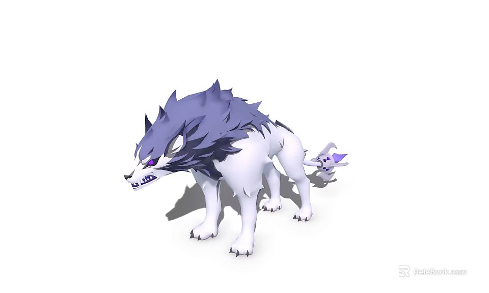 3D Fantasy Wolf Character With Blue White Fur Purple Eyes And Small Purple Tail 3d model 
