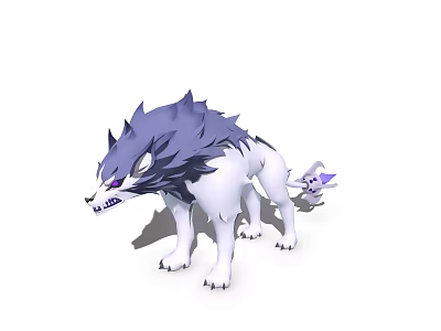 3D Fantasy Wolf Character With Blue White Fur Purple Eyes And Small Purple Tail 3d model