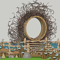Mushroom Shaped Outdoor Chairs in Garden Scene with Stone Steps and Circular Decor