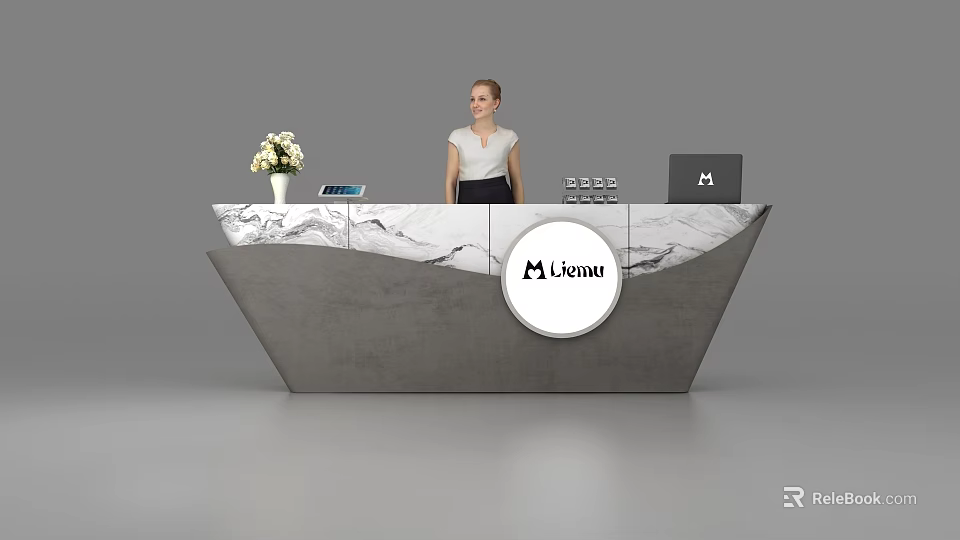 Elegant Modern Reception Desk with Marble Countertop Gray Base Vase Tablet Laptop and Lisenu Logo 3d model 