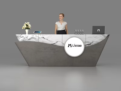 Elegant Modern Reception Desk with Marble Countertop Gray Base Vase Tablet Laptop and Lisenu Logo 3d model