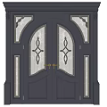 Dark Gray Double Front Door With Arched Decorative Glass Ornate Frame And Golden Handles