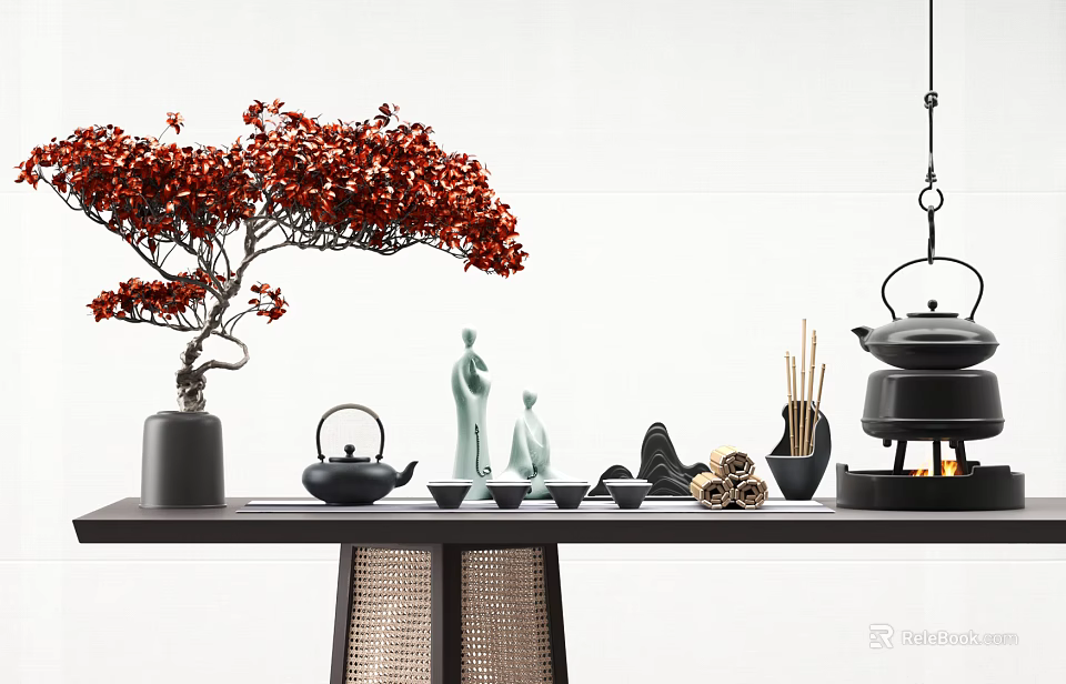 Ornament Decor Combination With Red Flowering Tree Green Figurines Black Teapot And Wooden Table 3d model 