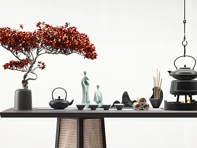 Ornament Decor Combination With Red Flowering Tree Green Figurines Black Teapot And Wooden Table 3d model