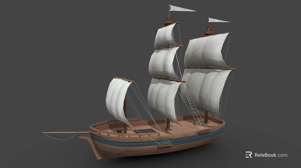 Wooden Sailing Ship With White Sails And Multiple Masts Classic Design 3d model