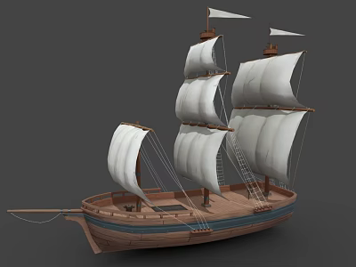 Wooden Sailing Ship With White Sails And Multiple Masts Classic Design 3d model
