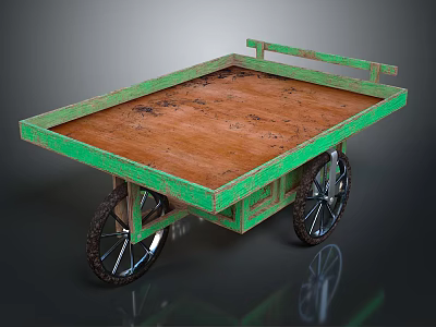 Unique Vintage Green Cart With Weathered Wooden Surface And Metal Wheels 3d model