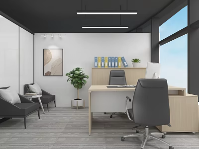 Modern Office Interior With Desk Gray Chair Sofa Green Plant And Large Window 3d model